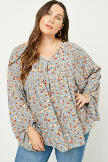 HY2305W Dusty Blue Plus Balloon Sleeve V-Neck Top Full Body